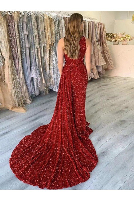 Shop One Shoulder Sleeveless Long Court Train Velvet Sequin Prom Dress with Slit Sydney