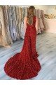 Shop One Shoulder Sleeveless Long Court Train Velvet Sequin Prom Dress with Slit Sydney