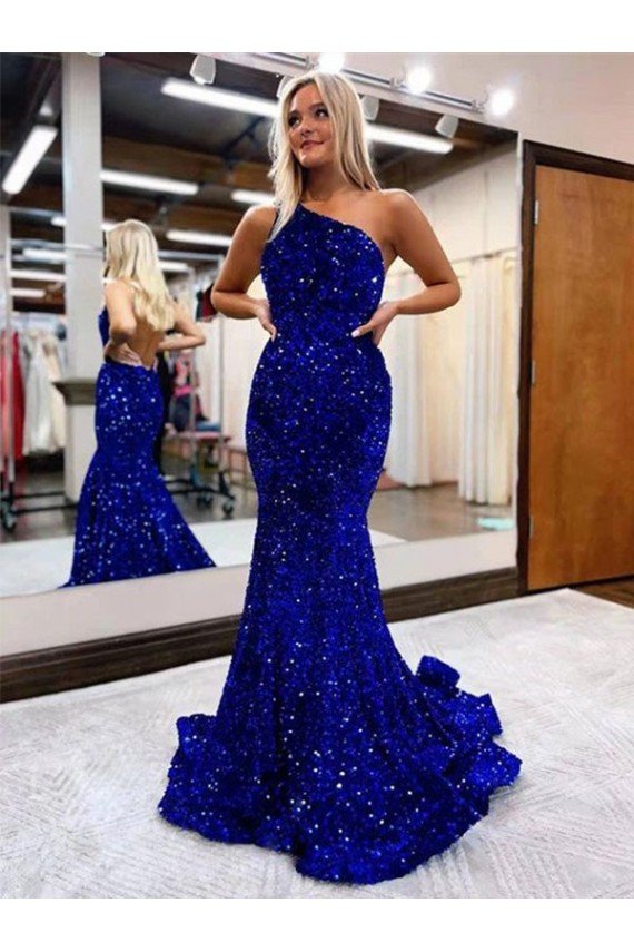 Mermaid One Shoulder Open Back Long Sweep Train Velvet Sequin Prom Dress Sydney