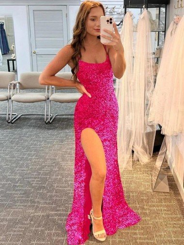 Shop Spaghetti Straps Sleeveless Long Velvet Sequin Prom Dress with Slit and Criss Cross Open Back Sydney