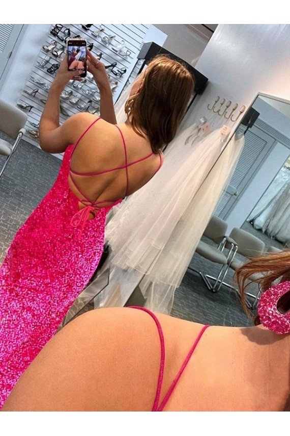 Shop Spaghetti Straps Sleeveless Long Velvet Sequin Prom Dress with Slit and Criss Cross Open Back Sydney