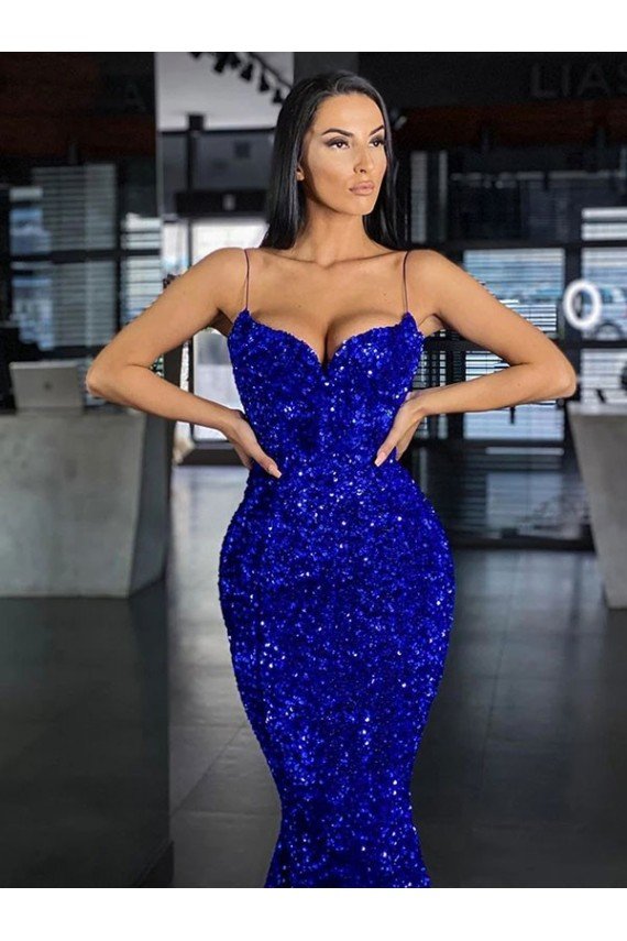 Shop Mermaid Spaghetti Straps Sleeveless Long Sweep Train Velvet Sequin Prom Dress Sydney