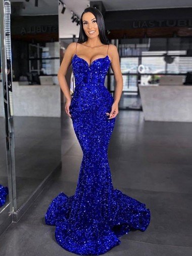 Shop Mermaid Spaghetti Straps Sleeveless Long Sweep Train Velvet Sequin Prom Dress Sydney
