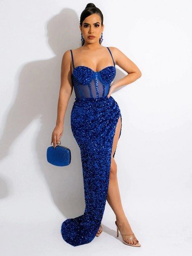 Shop Long Sweep Train Spaghetti Straps Sleeveless Velvet Sequin Prom Dress with Slit Sydney