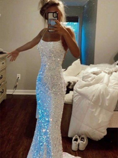 Shop Long Spaghetti Straps Sleeveless Sweep Train Velvet Sequin Prom Dress Sydney
