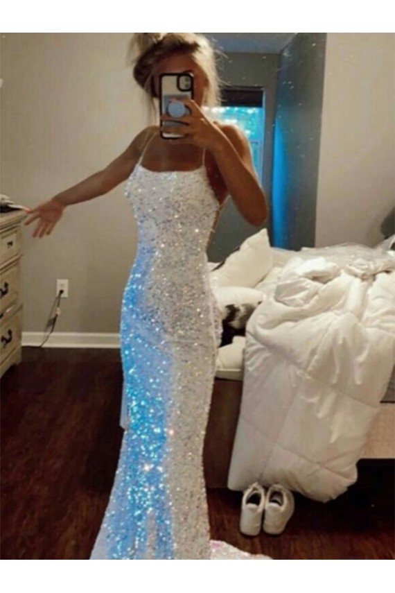Shop Long Spaghetti Straps Sleeveless Sweep Train Velvet Sequin Prom Dress Sydney