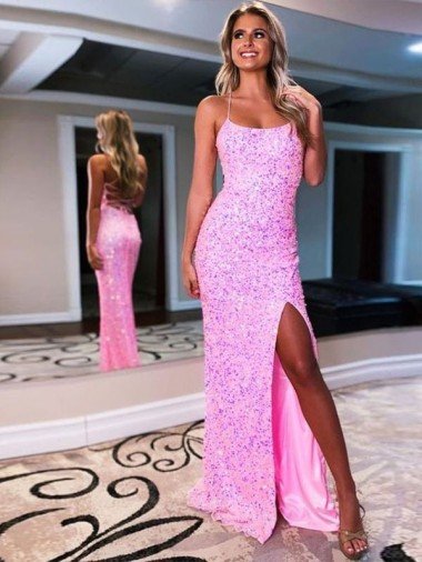 Shop Spaghetti Straps Sleeveless Long Sweep Train Velvet Sequin Prom Dress with Slit Sydney