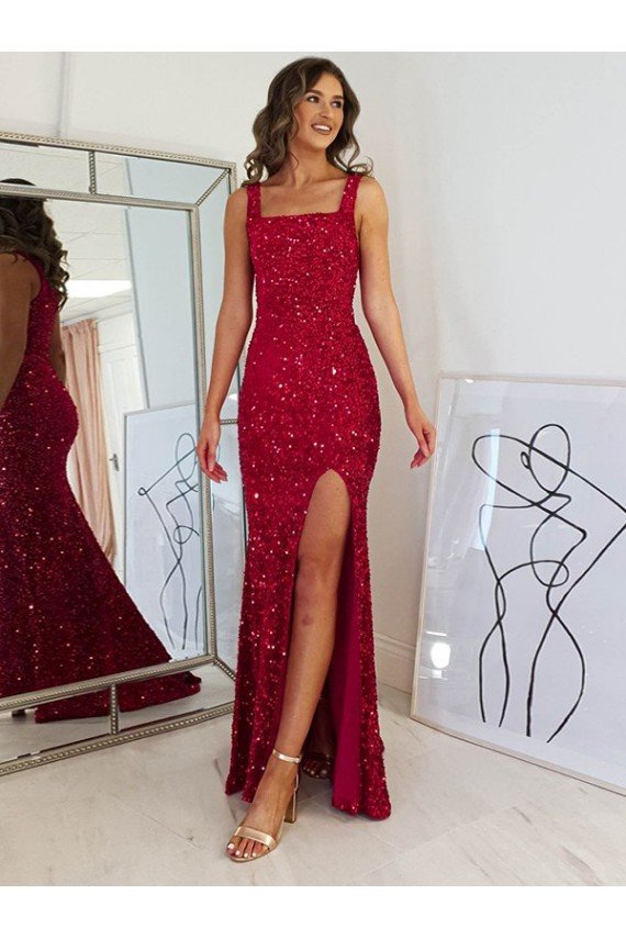 Shop Square Neck Sleeveless Long Velvet Sequin Prom Dress with Slit Sydney