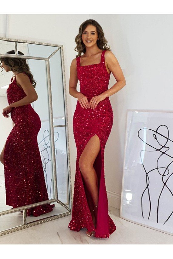 Shop Square Neck Sleeveless Long Velvet Sequin Prom Dress with Slit Sydney