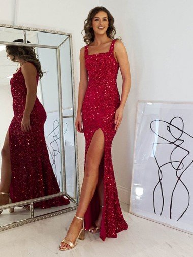 Shop Square Neck Sleeveless Long Velvet Sequin Prom Dress with Slit Sydney