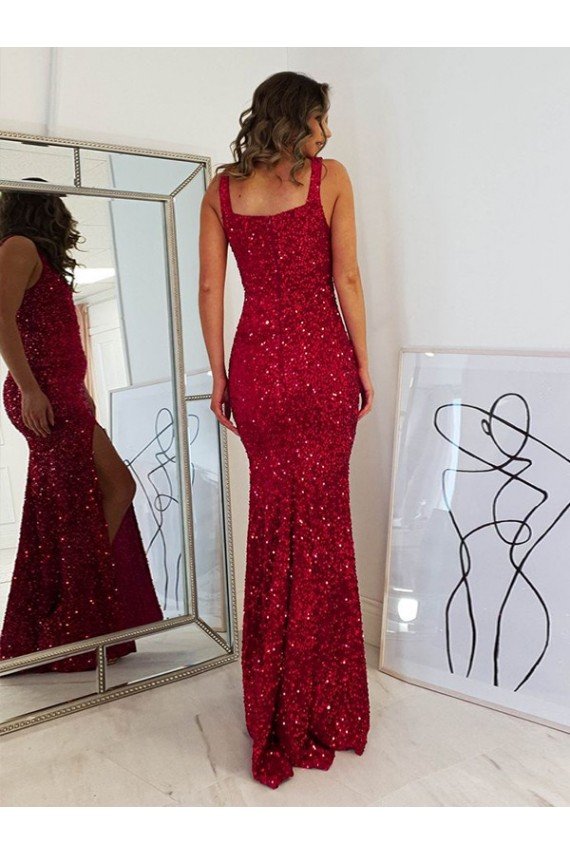 Shop Square Neck Sleeveless Long Velvet Sequin Prom Dress with Slit Sydney