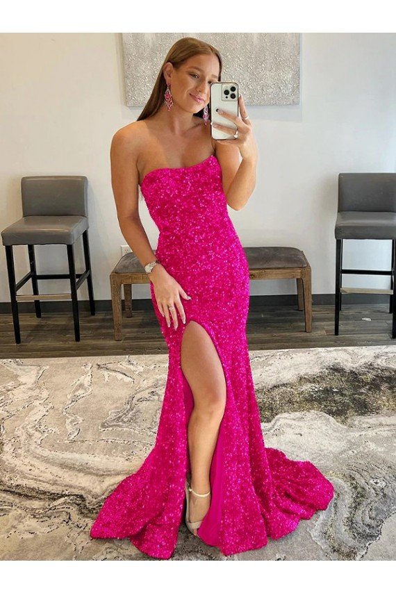 Strapless Sleeveless Long Sweep Train Velvet Sequin Prom Dress with Side Slit Sydney