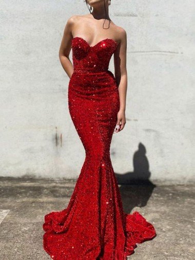 Shop Mermaid Sweetheart Sleeveless Long Court Train Velvet Sequin Prom Dress Sydney