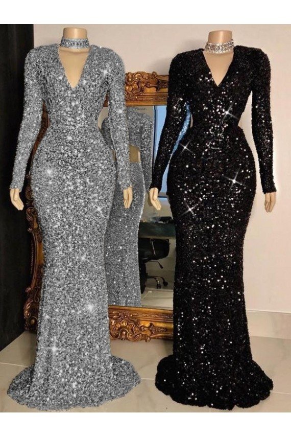 Shop V-Neck Long Sleeves Long Sweep Train Velvet Sequin Prom Dress Sydney