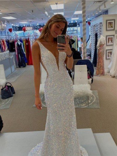 Shop V-Neck Sleeveless Long Velvet Sequin Prom Dress with Sweep Train Sydney