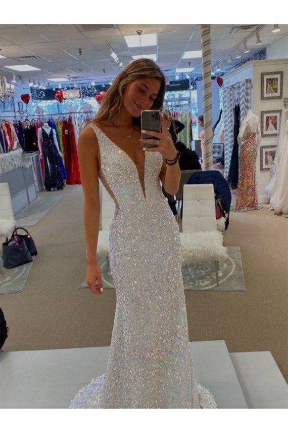 Shop V-Neck Sleeveless Long Velvet Sequin Prom Dress with Sweep Train Sydney