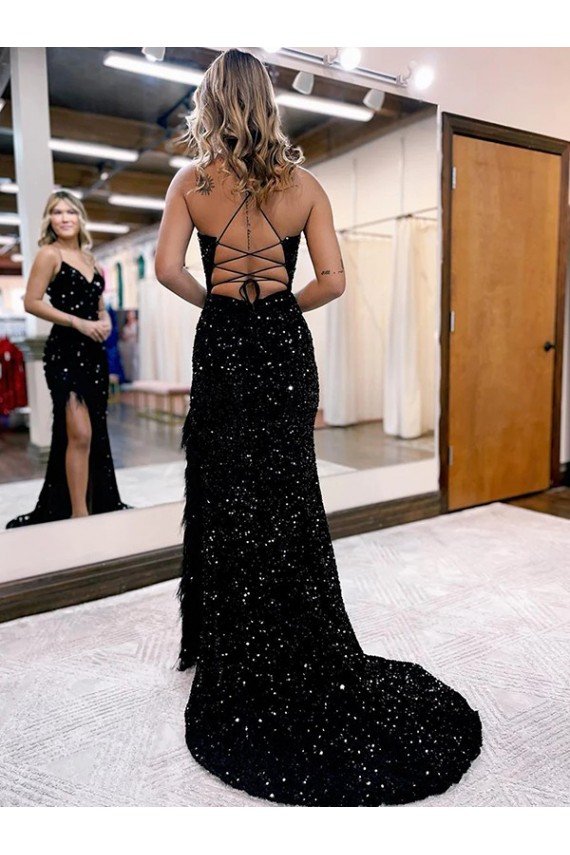 Shop V-Neck Sleeveless Long Velvet Sequin Royal Blue Prom Dress with Side Slit Sydney