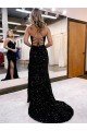 Shop V-Neck Sleeveless Long Velvet Sequin Royal Blue Prom Dress with Side Slit Sydney