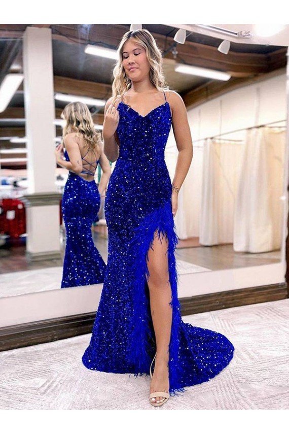 Shop V-Neck Sleeveless Long Velvet Sequin Royal Blue Prom Dress with Side Slit Sydney