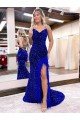 Shop V-Neck Sleeveless Long Velvet Sequin Royal Blue Prom Dress with Side Slit Sydney