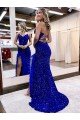 Shop V-Neck Sleeveless Long Velvet Sequin Royal Blue Prom Dress with Side Slit Sydney