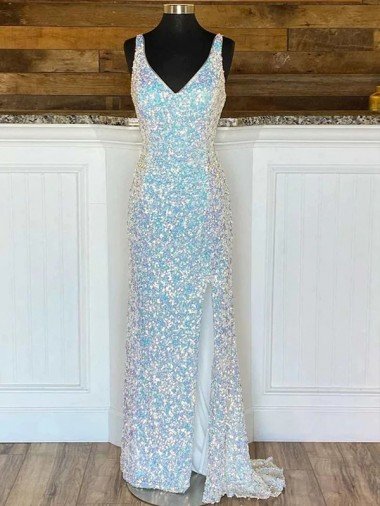 Shop V-Neck Sleeveless Long Sweep Train Velvet Sequin Prom Dress Sydney