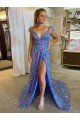 A-Line V-Neck Sleeveless Long Court Train Velvet Sequin Prom Dress with High Slit Sydney