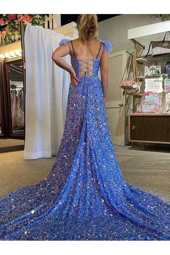 A-Line V-Neck Sleeveless Long Court Train Velvet Sequin Prom Dress with High Slit Sydney