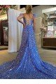 A-Line V-Neck Sleeveless Long Court Train Velvet Sequin Prom Dress with High Slit Sydney