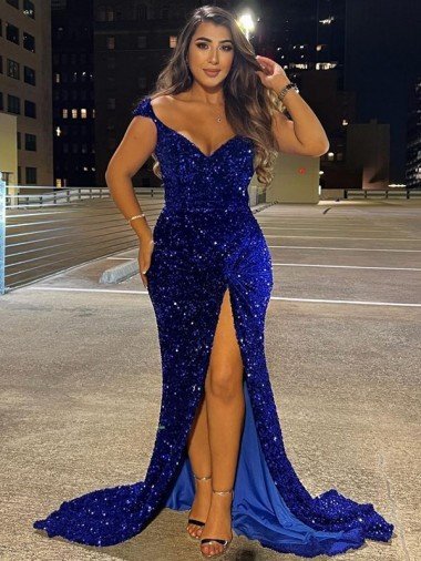 Shop V-Neck Sleeveless Long Sweep Train Velvet Sequin Prom Dress with Slit Sydney