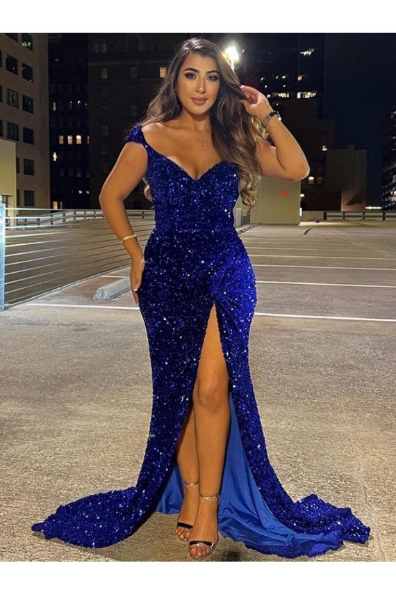 Shop V-Neck Sleeveless Long Sweep Train Velvet Sequin Prom Dress with Slit Sydney