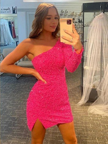 Shop Short Velvet Sequin One Shoulder Long Sleeves Homecoming Dress / Prom Dress Sydney