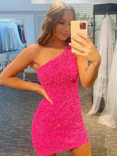 Shop Short One Shoulder Sleeveless Velvet Sequin Homecoming Dress / Prom Dress Sydney