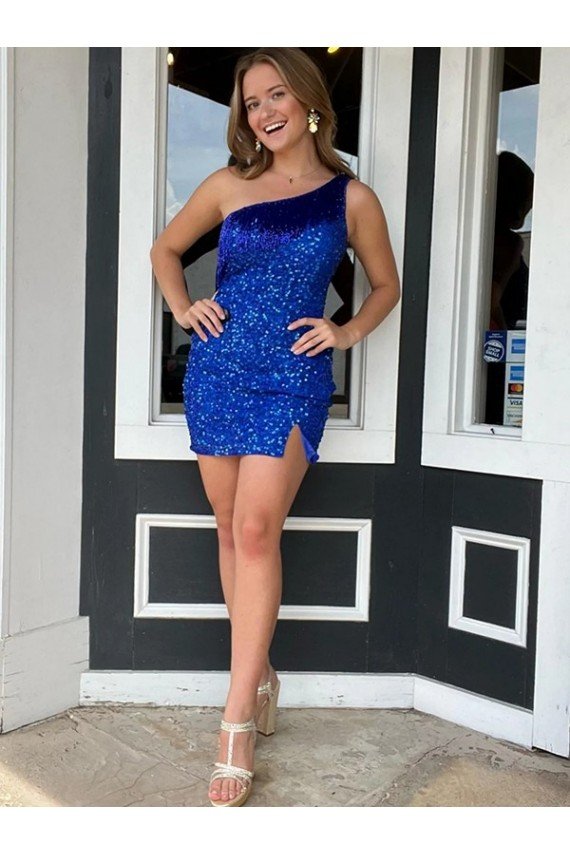 Shop One Shoulder Sleeveless Short Velvet Sequin Royal Blue Homecoming Dress / Prom Dress Sydney
