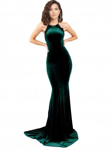 Shop High Neck Formal Stretch Velvet Bridesmaid Dress / Prom Dress with Black Lace Embroidery Sydney