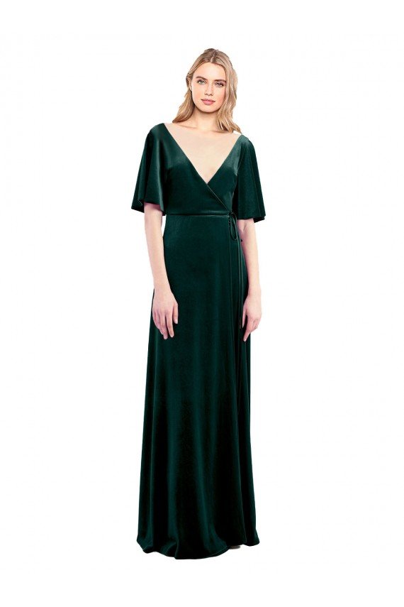 Shop Deep V-Neck Flutter Sleeves Long Velvet Wrap Bridesmaid Dress / Prom Dress Sydney