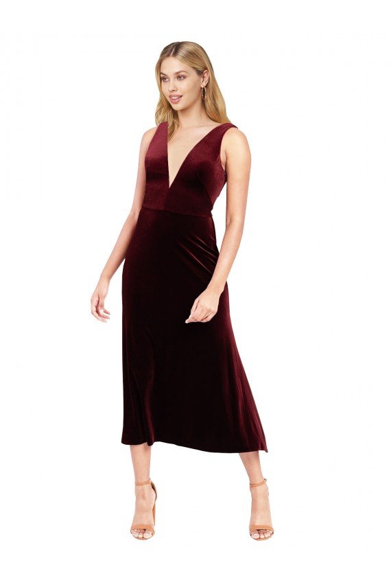 Daring Plunging V-Neckline Short Midi Cocktail Length Velvet Bridesmaid Dress / Prom Dress Sydney
