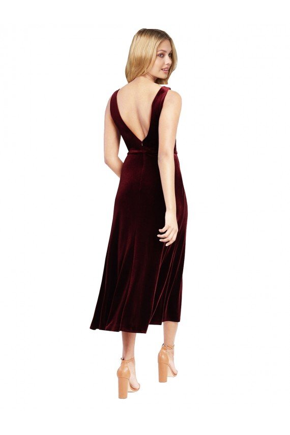 Daring Plunging V-Neckline Short Midi Cocktail Length Velvet Bridesmaid Dress / Prom Dress Sydney