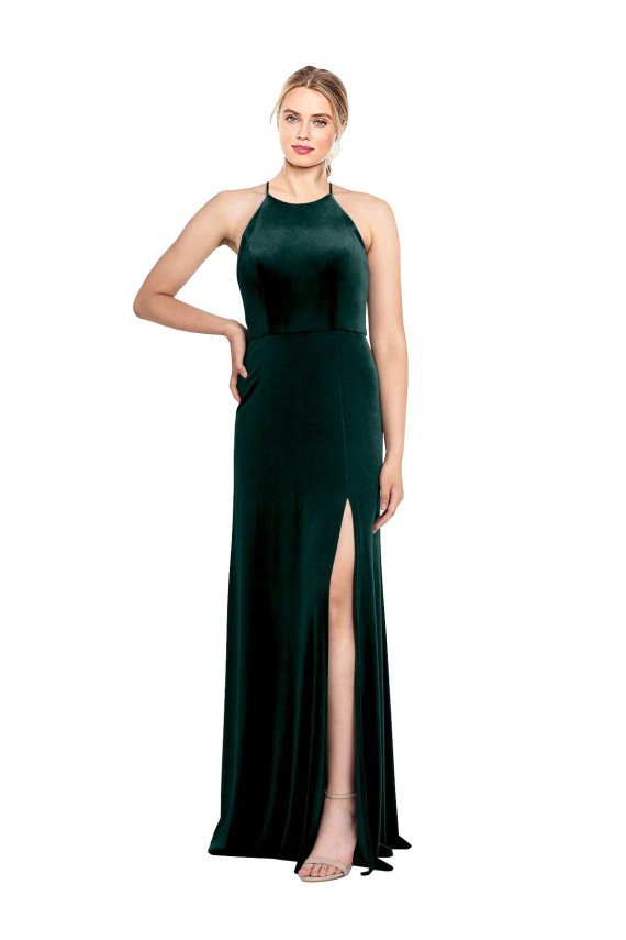 Shop Long Jewel Neck Full Length Velvet Bridesmaid Dress / Prom Dress with Side Slit Sydney