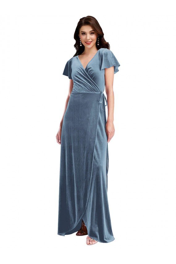 Shop Flutter Sleeve Velvet Wrap Maxi Bridesmaid Dress / Prom Dress with Pockets Sydney
