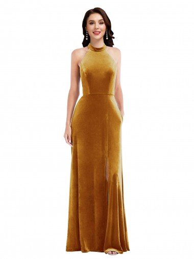 Shop High-Neck Halter Velvet Maxi Bridesmaid Dress / Prom Dress with Front Slit Sydney