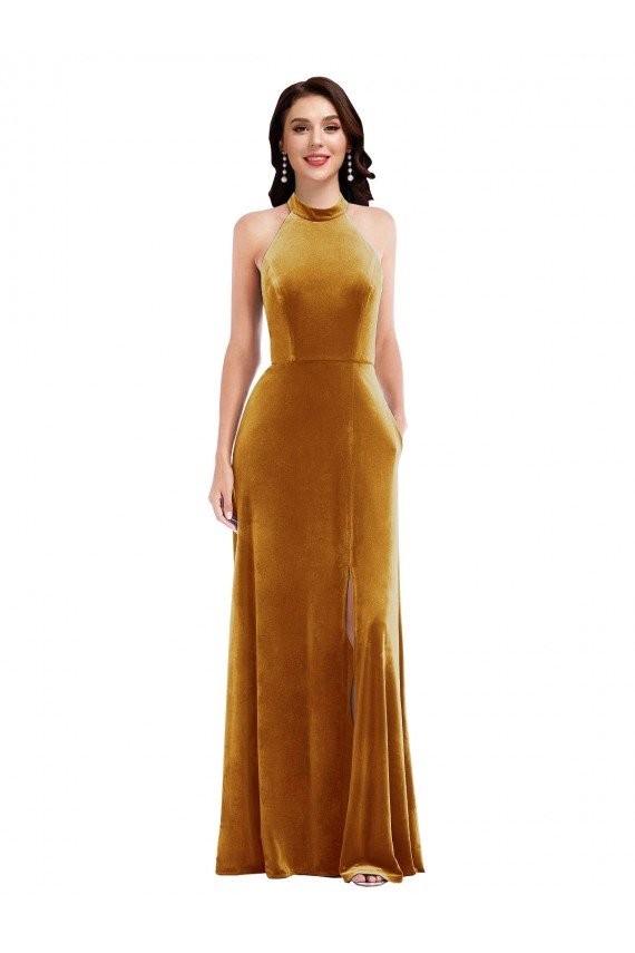 Shop High-Neck Halter Velvet Maxi Bridesmaid Dress / Prom Dress with Front Slit Sydney