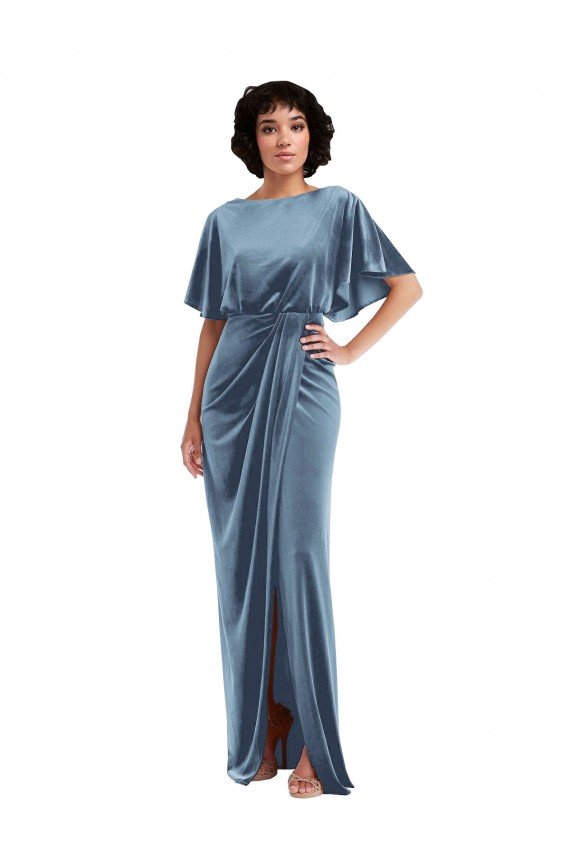 Shop Flutter Sleeve Open Back Velvet Maxi Bridesmaid Dress / Prom Dress with Draped Wrap Skirt Sydney