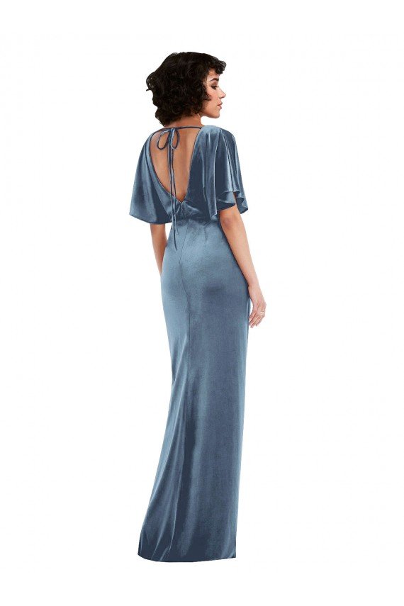 Shop Flutter Sleeve Open Back Velvet Maxi Bridesmaid Dress / Prom Dress with Draped Wrap Skirt Sydney