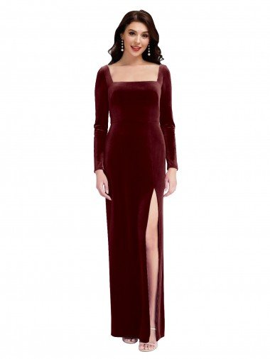 Shop Sleek Square Neck Spaghetti Straps Velvet Bridesmaid Dress / Prom Dress with Side Slit Sydney