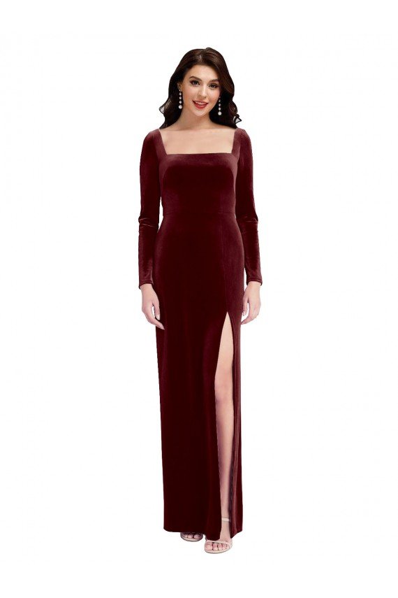Shop Sleek Square Neck Spaghetti Straps Velvet Bridesmaid Dress / Prom Dress with Side Slit Sydney