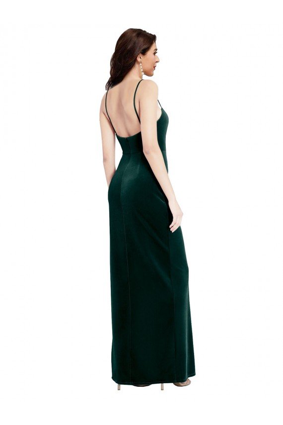 Shop Straight Neckline Spaghetti Straps Long Velvet Bridesmaid Dress / Prom Dress with High Side Slit Sydney