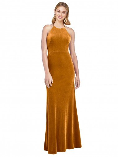 Shop Halter Neckline Long Full Length Formal Velvet Bridesmaid Dress / Prom Dress with Strappy Back Sydney