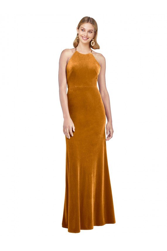 Shop Halter Neckline Long Full Length Formal Velvet Bridesmaid Dress / Prom Dress with Strappy Back Sydney