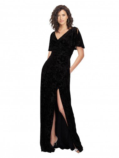 Shop Split Sleeves V-Neck Floral Velvet Bridesmaid Dress with Front Slit Sydney